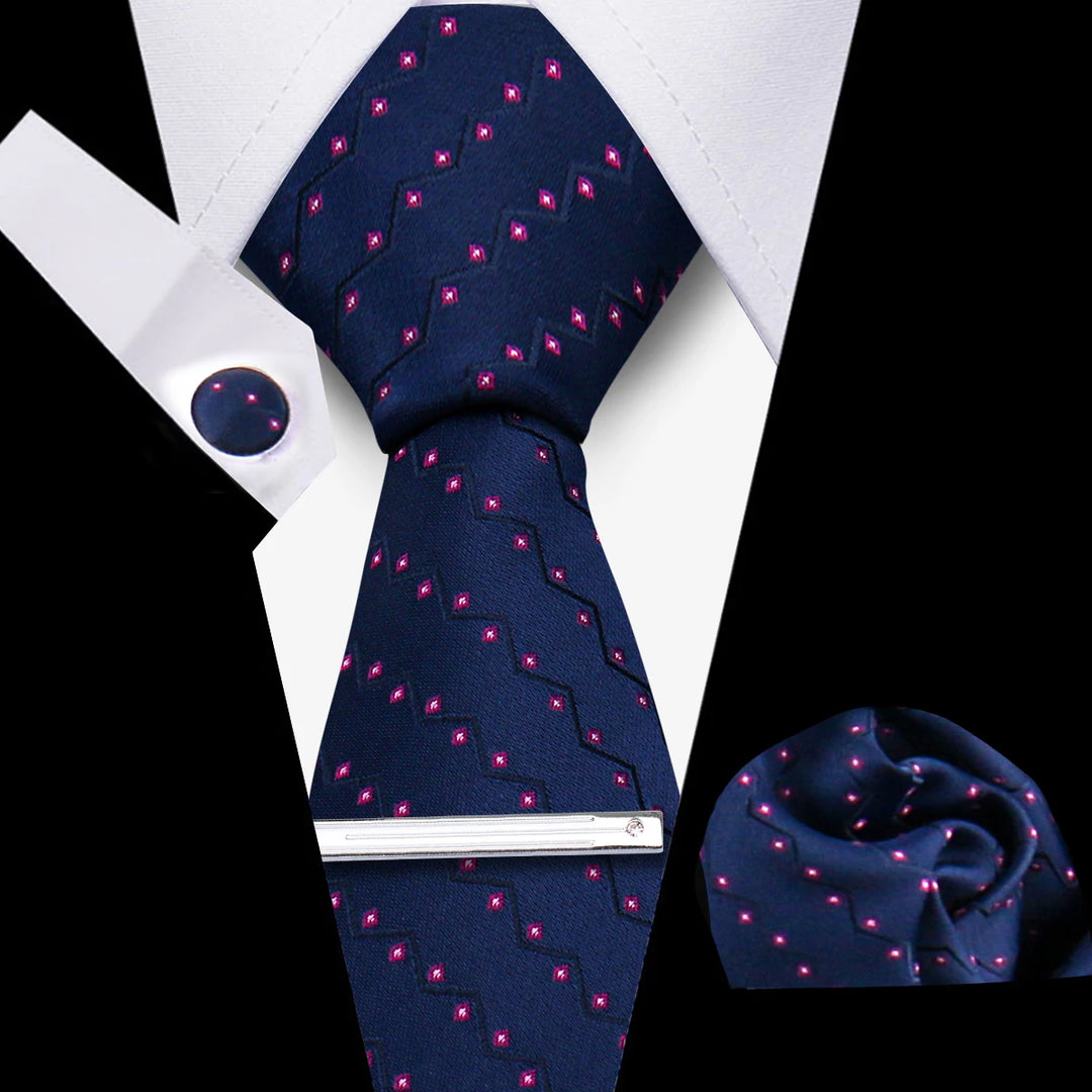 Tie For Men Business Luxury Fashion Necktie Navy Blue 4pcs Set Tie Clip Cufflinks Pocket Square Wedding Suit Accessories Gravata