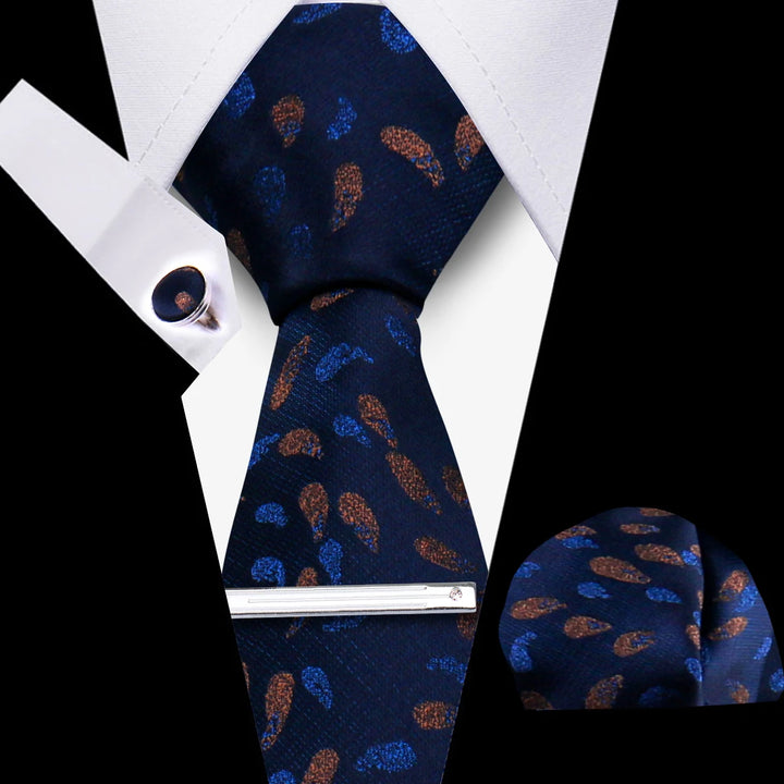 Tie For Men Business Luxury Fashion Necktie Navy Blue 4pcs Set Tie Clip Cufflinks Pocket Square Wedding Suit Accessories Gravata