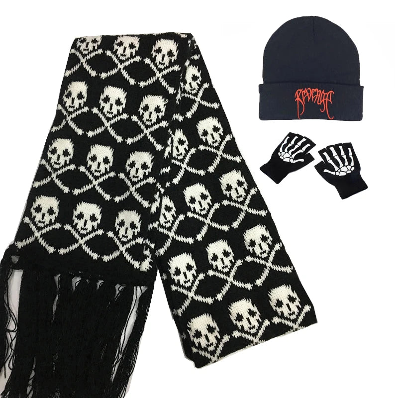 Skull Pattern Scarf – Unisex Knitted Wrap with Skeleton Design