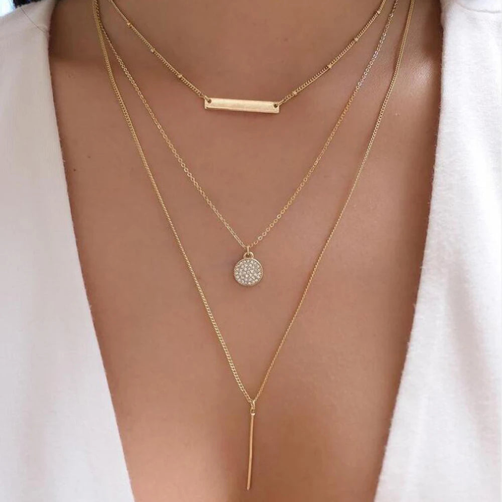 Gold Pendant Necklace Set – Trendy Boho Multi-Layer Crystal Jewelry for Women