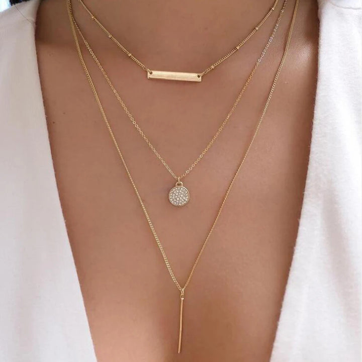Gold Pendant Necklace Set – Trendy Boho Multi-Layer Crystal Jewelry for Women