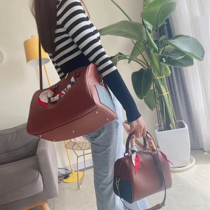 Luxury V Design Boston Handbag – Unisex Crossbody Bag with Silk Scarf