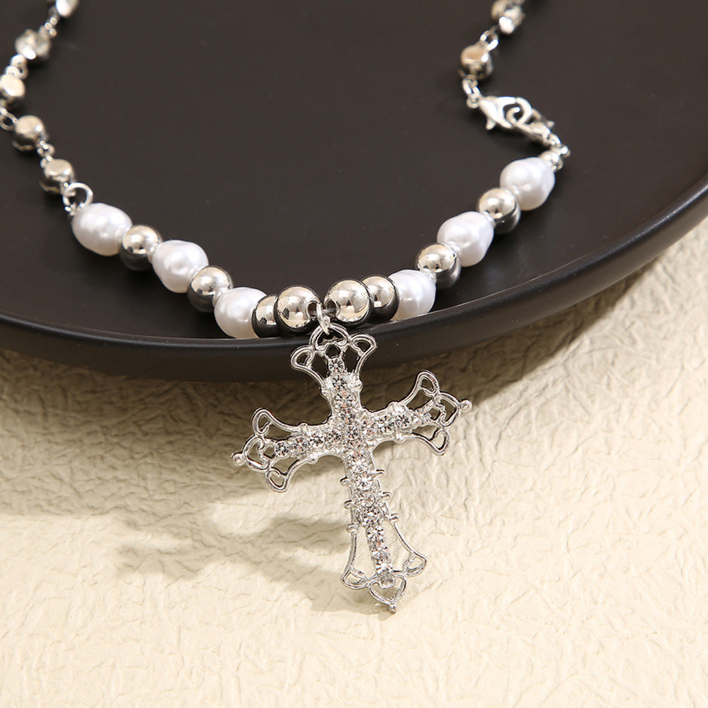 2023 Y2K Pearl Cross Pendant Necklace Hip Hop Retro Women Religious Zircon Chain Necklaces Girls Punk Party Trendy Jewelry Gifts