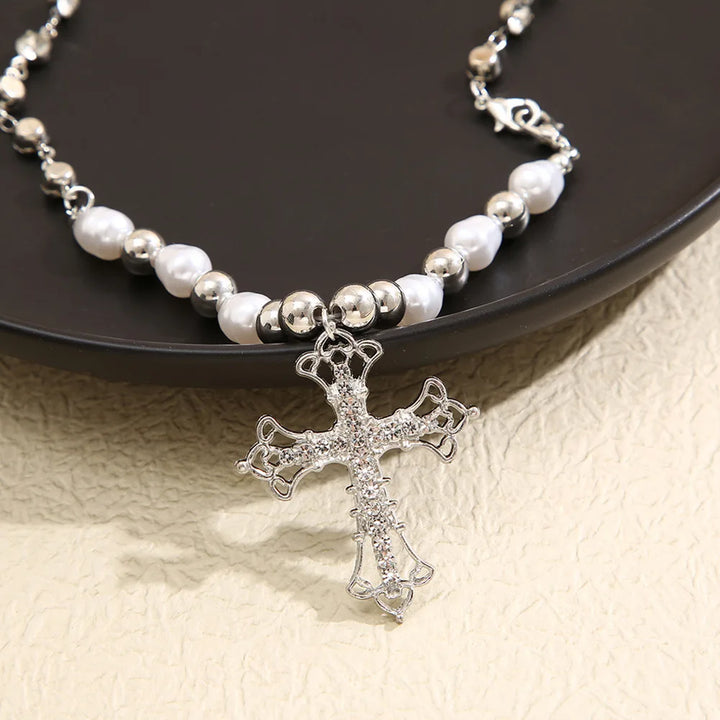 2023 Y2K Pearl Cross Pendant Necklace Hip Hop Retro Women Religious Zircon Chain Necklaces Girls Punk Party Trendy Jewelry Gifts
