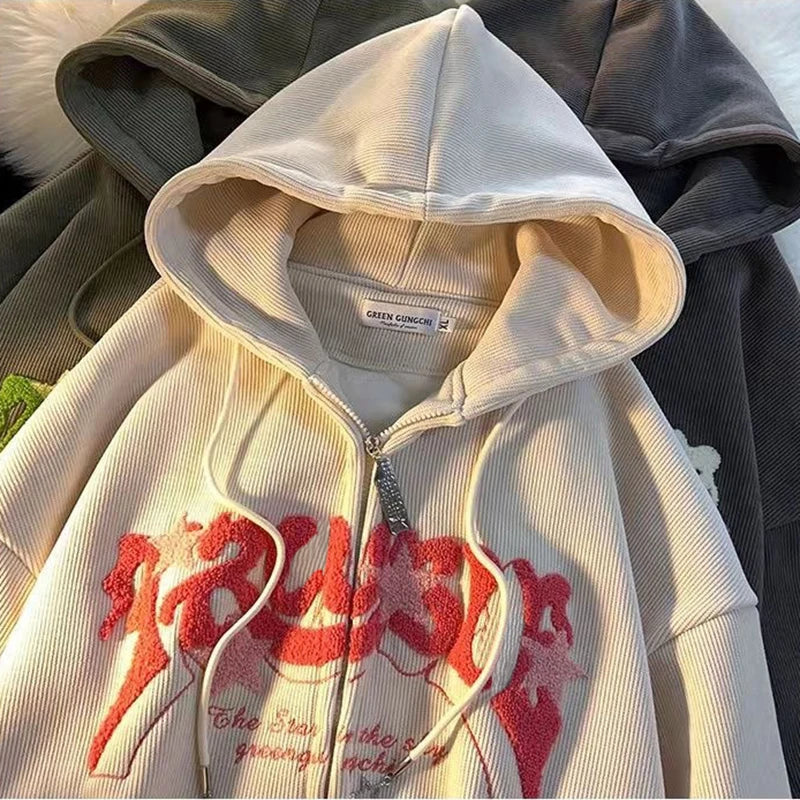 Embroidered Zip-Up Hoodie for Women