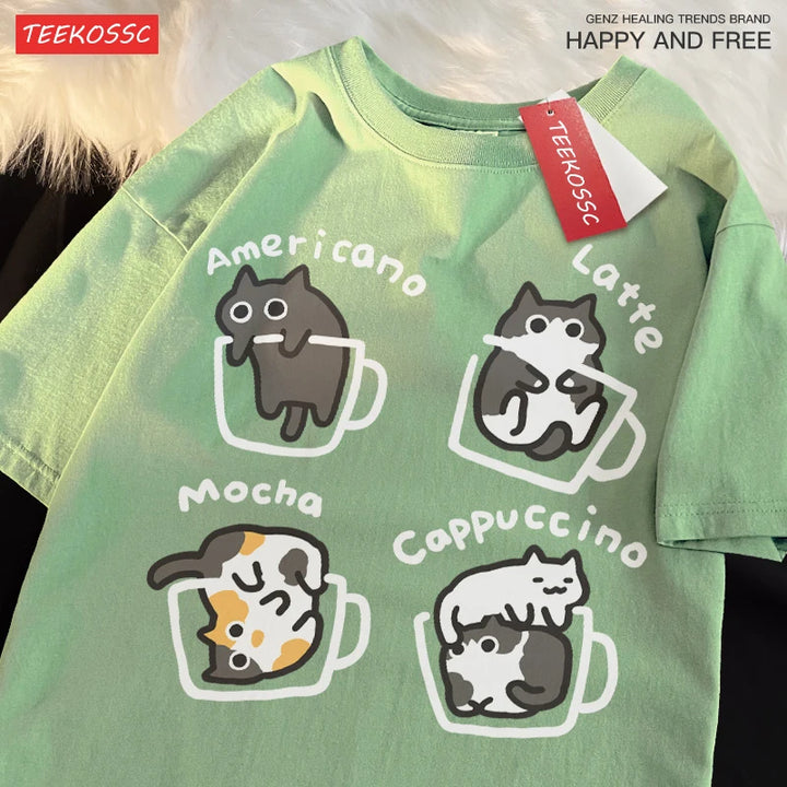 Mocha Cat Coffee Tee – Cute Summer Cotton Unisex Shirt