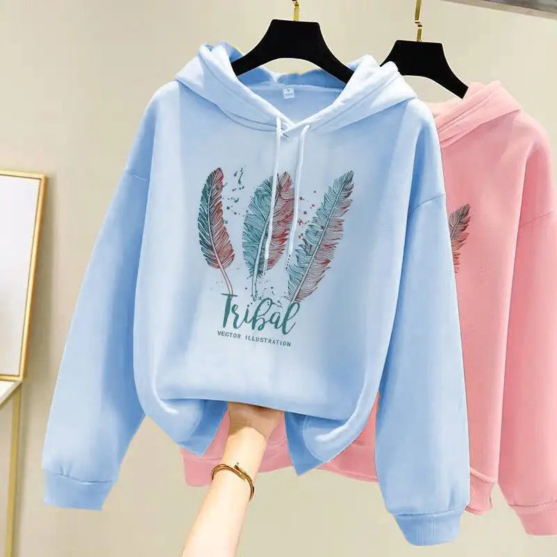 Feather Print Velvet Hoodie for Women