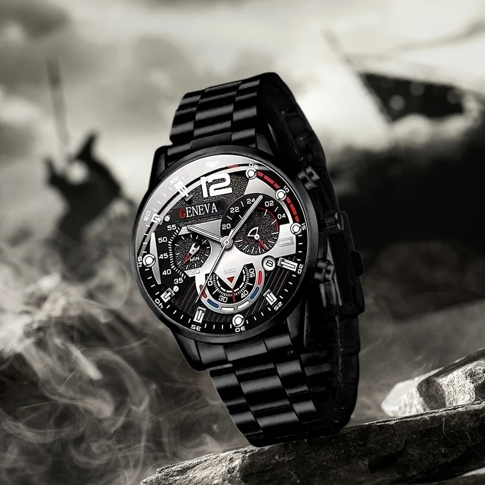 Luxury Men’s Watch – Black Stainless Steel Quartz Calendar Clock