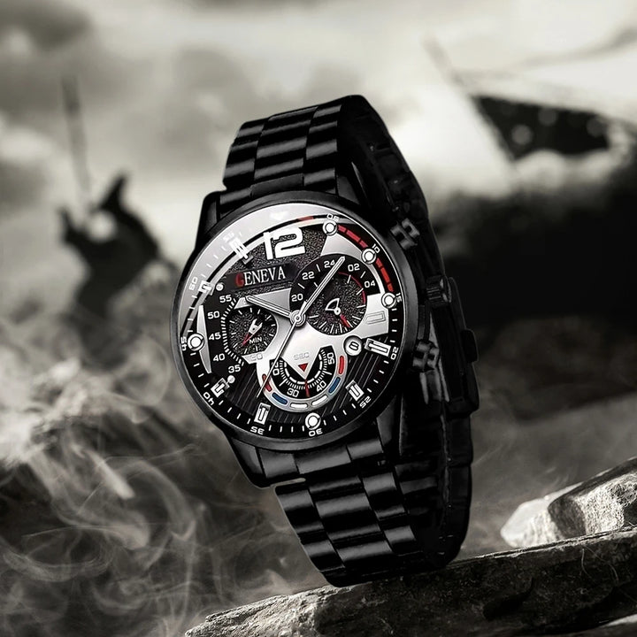 Luxury Men’s Watch – Black Stainless Steel Quartz Calendar Clock