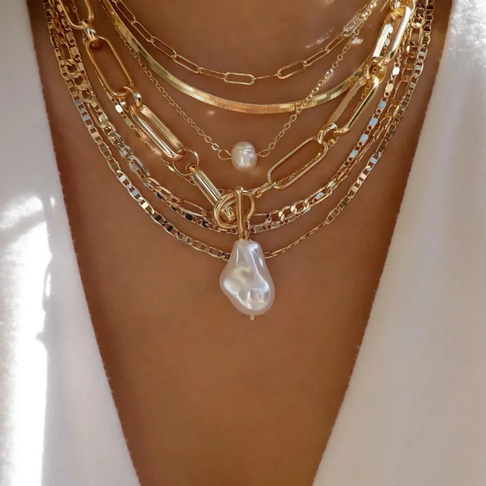 Gold Pendant Necklace Set – Trendy Boho Multi-Layer Crystal Jewelry for Women