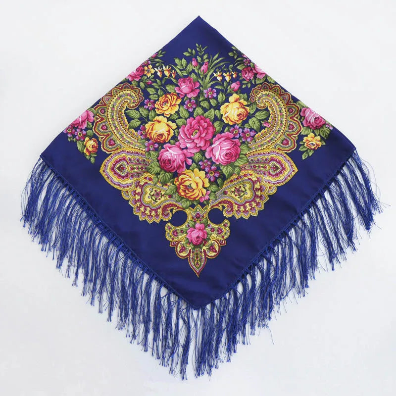 Russian Floral Head Wrap – Fringed Square Travel Shawl for Women