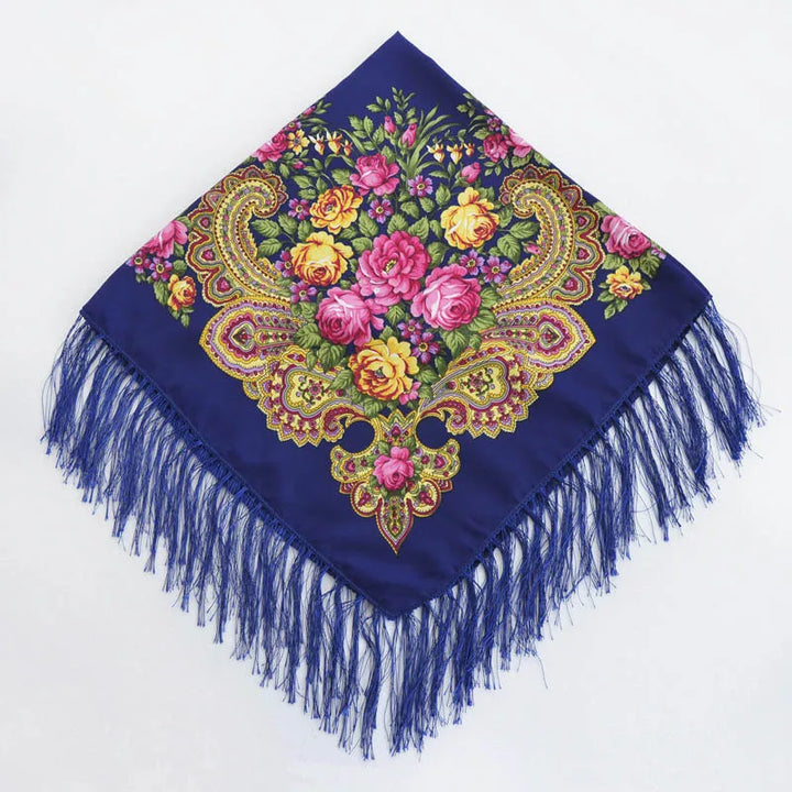 Russian Floral Head Wrap – Fringed Square Travel Shawl for Women
