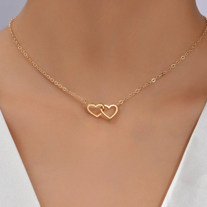 Tiny Heart Necklace – Hollow Double Pendant Chain for Women