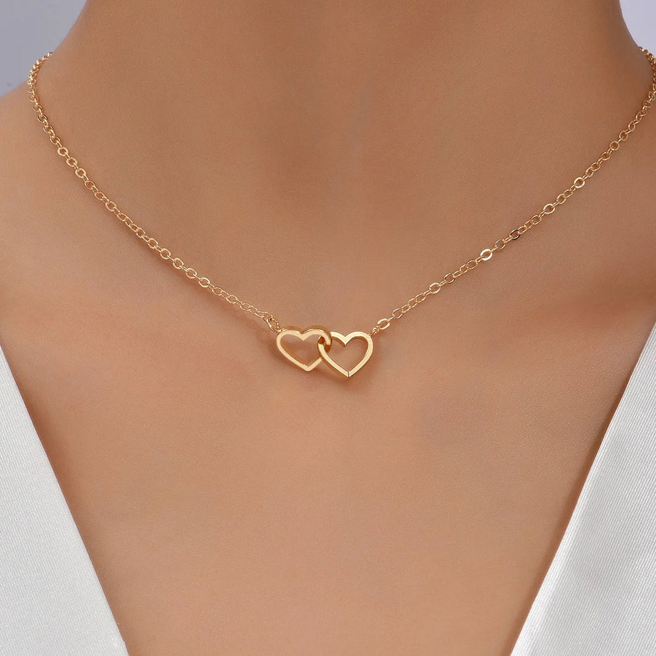 Tiny Heart Necklace – Hollow Double Pendant Chain for Women