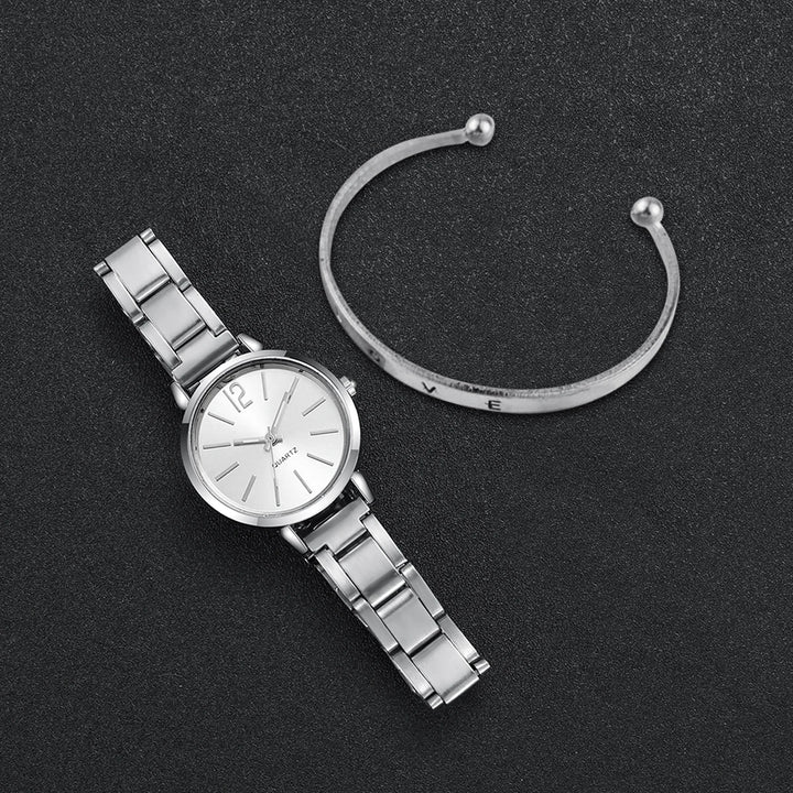 Chic Women’s Watch Set – Simple Quartz Steel Strap & Love Bracelet