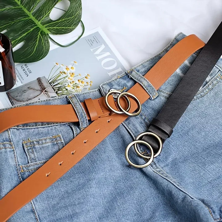 Women Belts For Jeans Waist Faux Leather Belt For Dress Ladies Belts For Pants With Fashion Double Golden O Ring Buckle