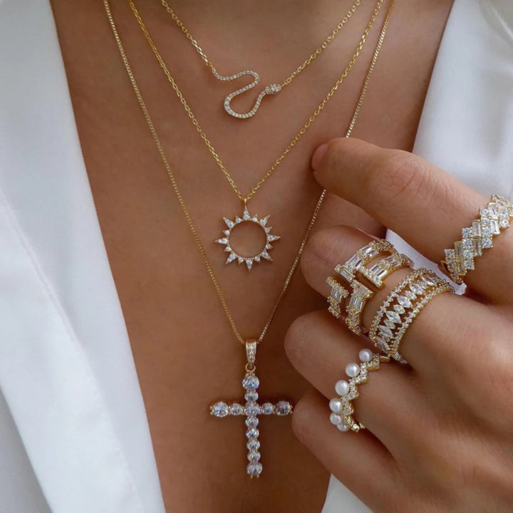 Gold Pendant Necklace Set – Trendy Boho Multi-Layer Crystal Jewelry for Women