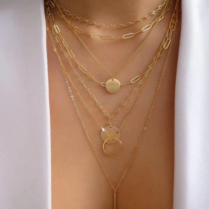 Gold Pendant Necklace Set – Trendy Boho Multi-Layer Crystal Jewelry for Women