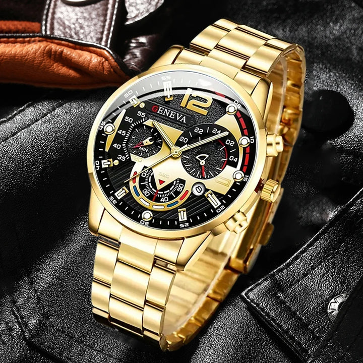 Luxury Men’s Watch – Black Stainless Steel Quartz Calendar Clock