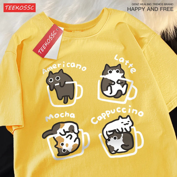 Mocha Cat Coffee Tee – Cute Summer Cotton Unisex Shirt