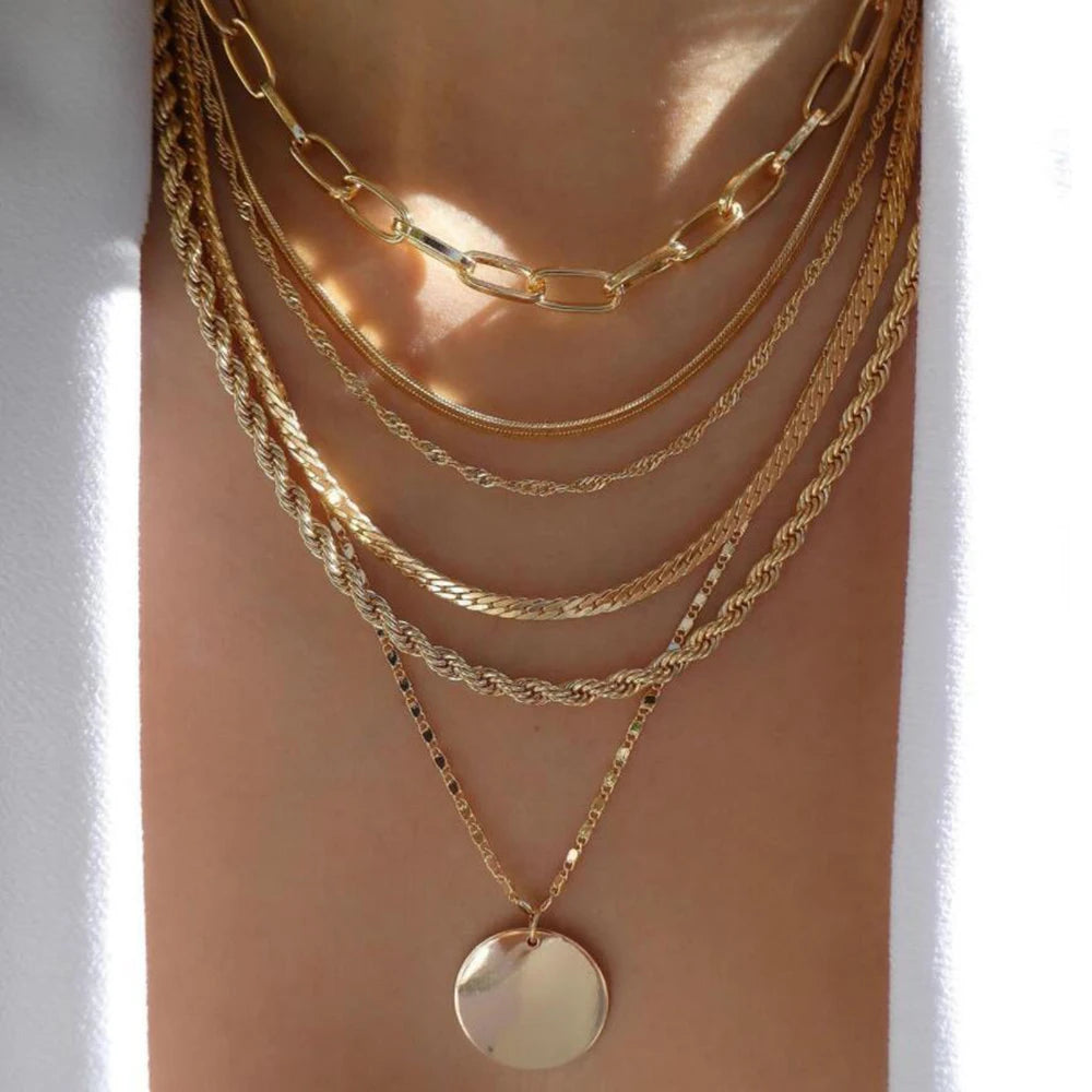 Gold Pendant Necklace Set – Trendy Boho Multi-Layer Crystal Jewelry for Women