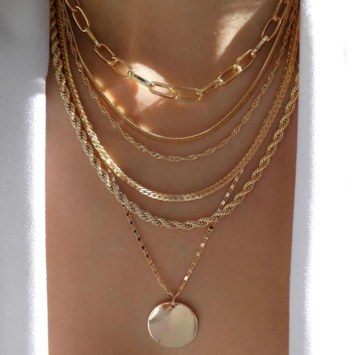 Gold Pendant Necklace Set – Trendy Boho Multi-Layer Crystal Jewelry for Women
