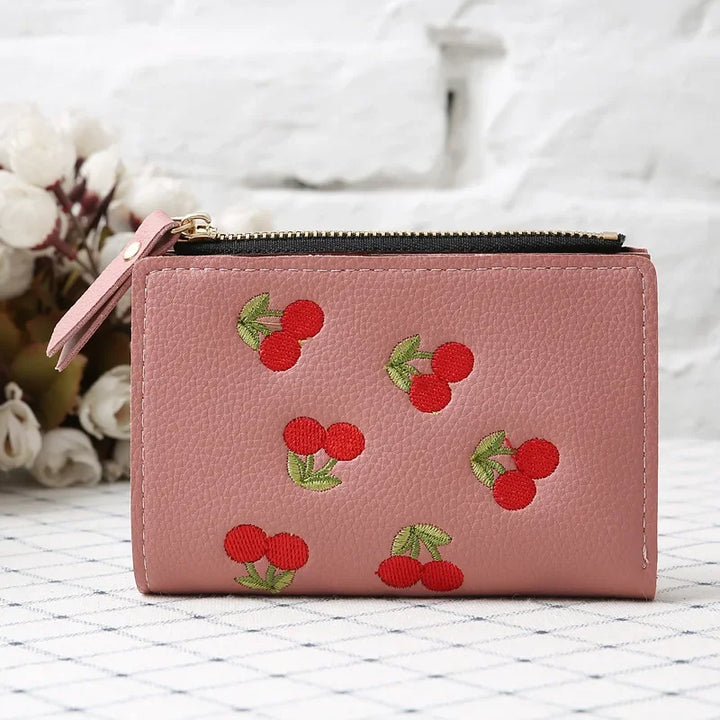 Cherry Blossom Clutch Wallet – Floral Embroidered PU with Buckle Design