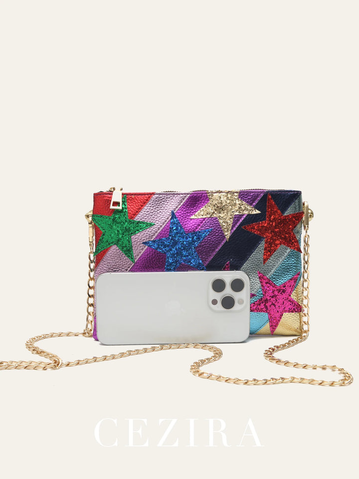 Fashion Women Metallic PU Leather Square Clutch Funky Stars Pattern Colorful Stripes Chain Shoulder Handbag Party Date Prom Gift