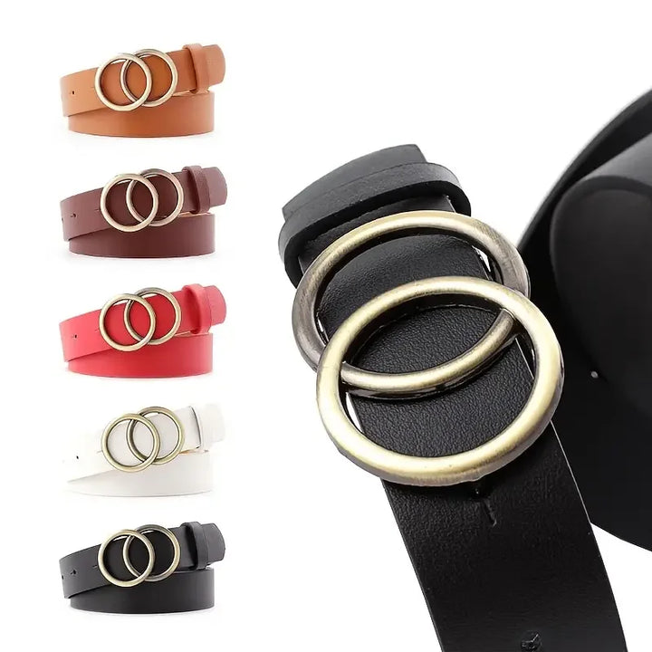 Women Belts For Jeans Waist Faux Leather Belt For Dress Ladies Belts For Pants With Fashion Double Golden O Ring Buckle
