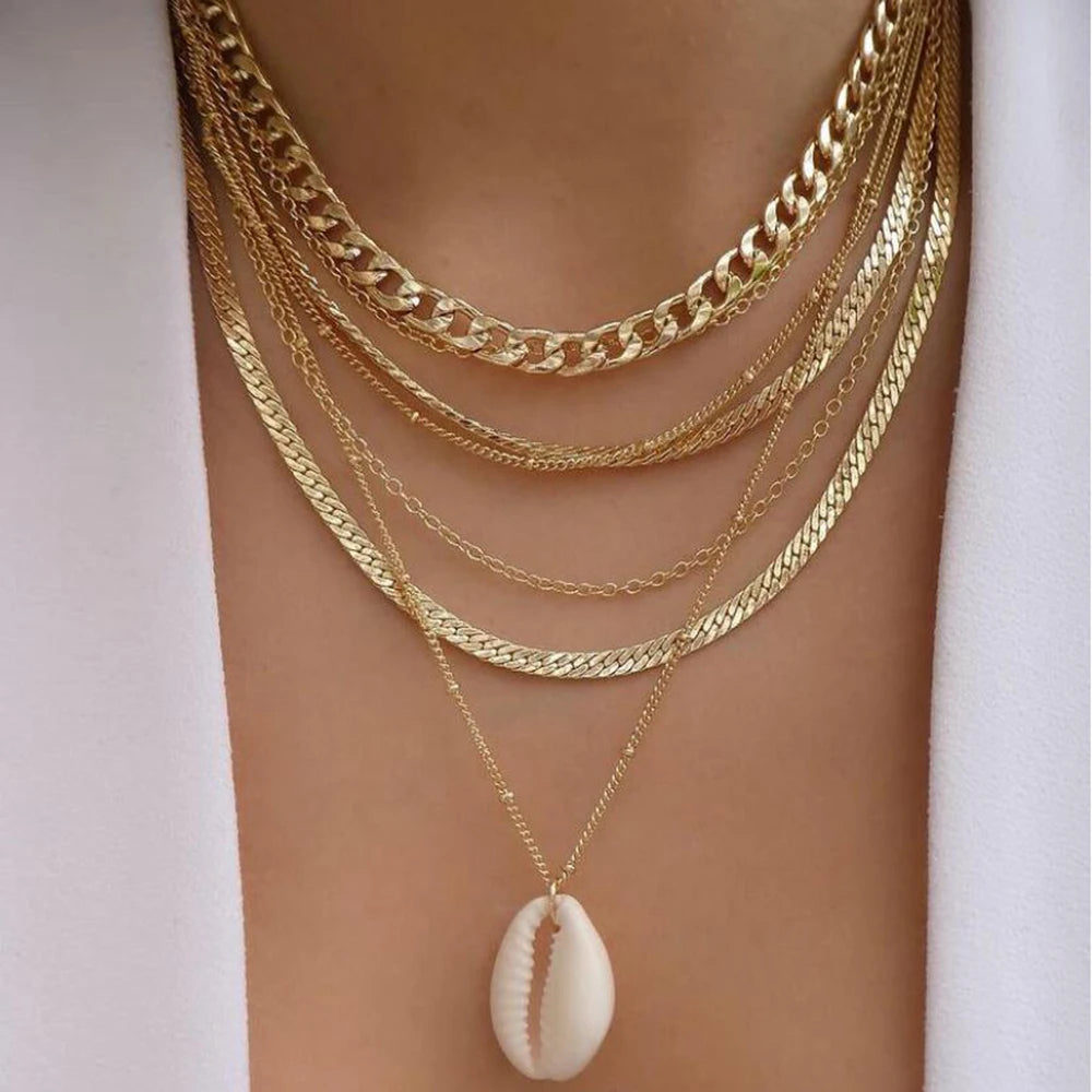 Gold Pendant Necklace Set – Trendy Boho Multi-Layer Crystal Jewelry for Women
