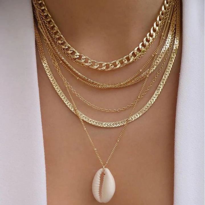 Gold Pendant Necklace Set – Trendy Boho Multi-Layer Crystal Jewelry for Women