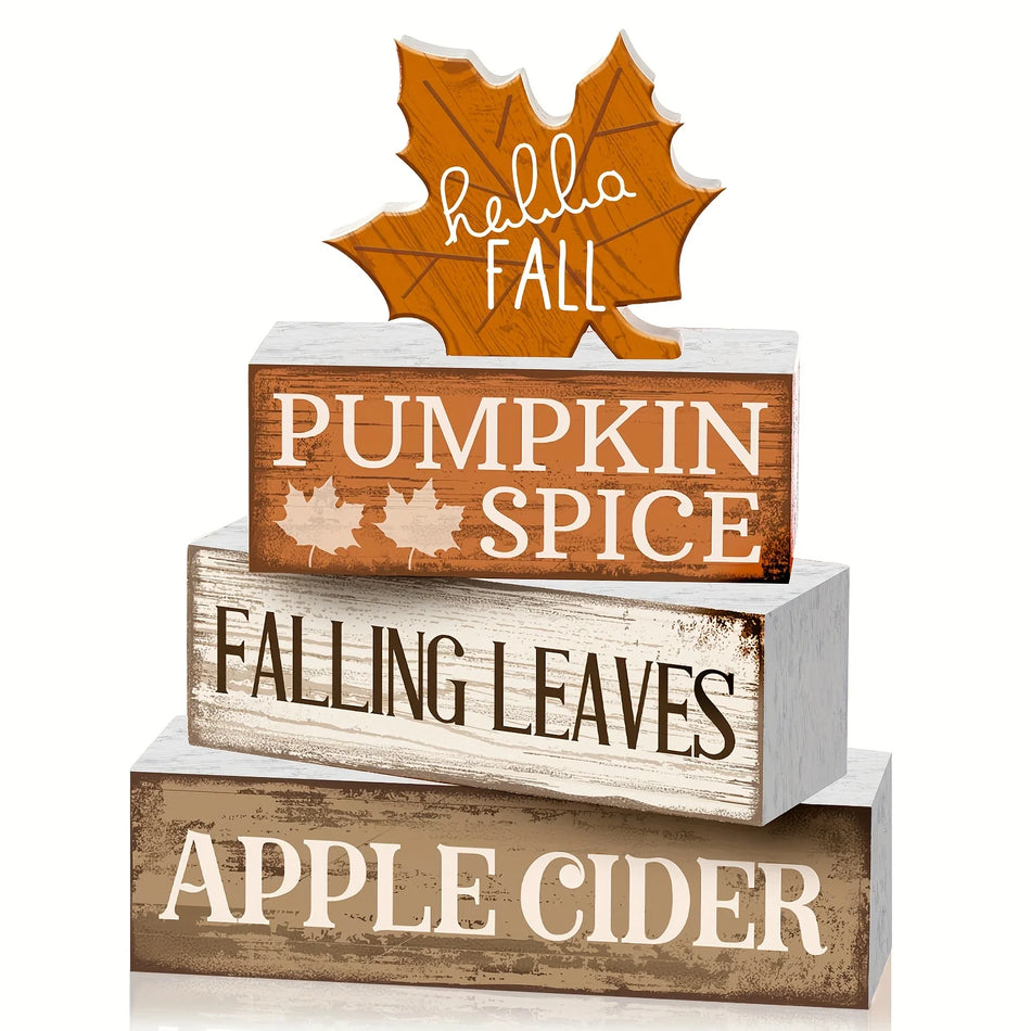 4pcs Wooden Fall Tabletop Decor Maple Leaf Tiered Trays, Rustic Farmhouse Autumn Centerpiece with Block Signs, Christmas Decor