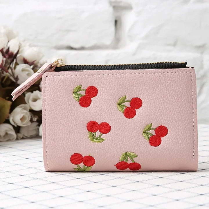 Cherry Blossom Clutch Wallet – Floral Embroidered PU with Buckle Design