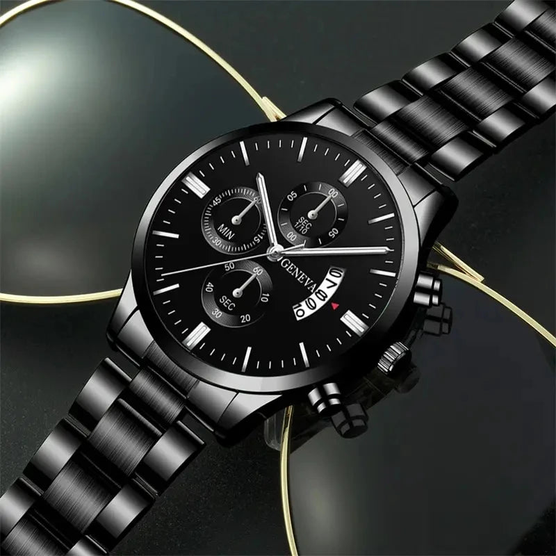 Luxury Men’s Watch – Black Stainless Steel Quartz Calendar Clock