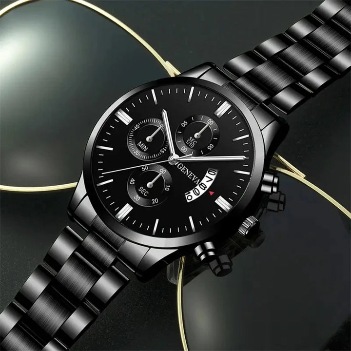 Luxury Men’s Watch – Black Stainless Steel Quartz Calendar Clock
