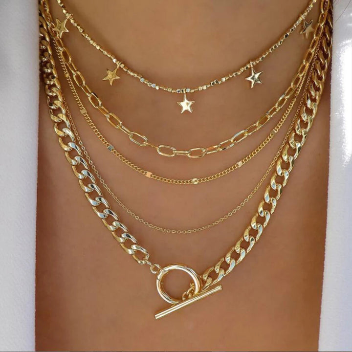 Gold Pendant Necklace Set – Trendy Boho Multi-Layer Crystal Jewelry for Women