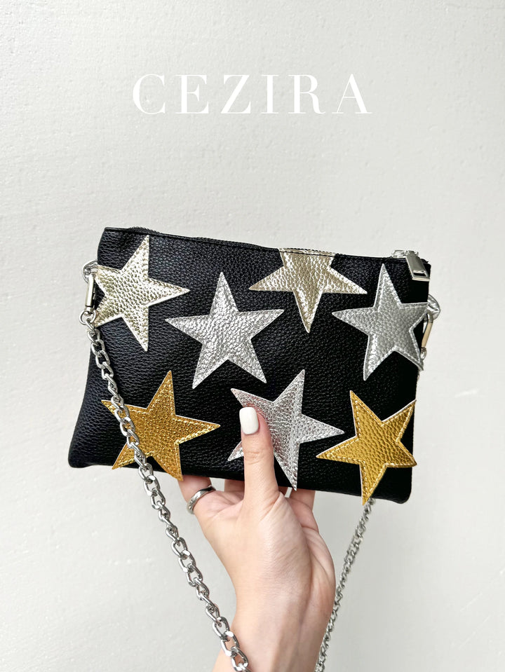 Fashion Women Metallic PU Leather Square Clutch Funky Stars Pattern Colorful Stripes Chain Shoulder Handbag Party Date Prom Gift