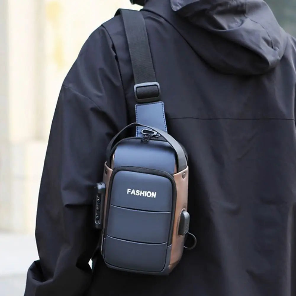Unisex PU Leather Anti Theft Chest Bag Large Capacity USB Charging Travel Sling Chest Bag Waterproof Crossbody Bag Unisex