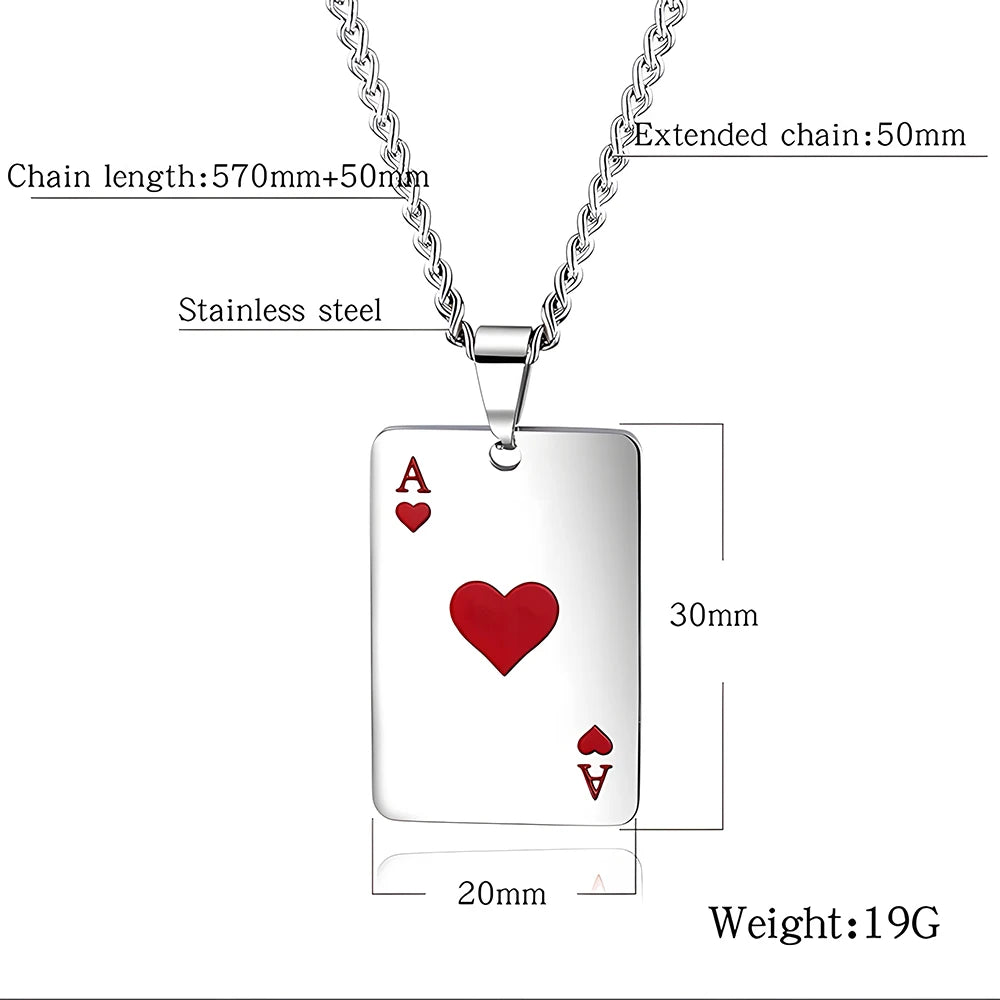 . Poker Ace Card Necklace – Spades & Hearts Hip Hop Chain for Men