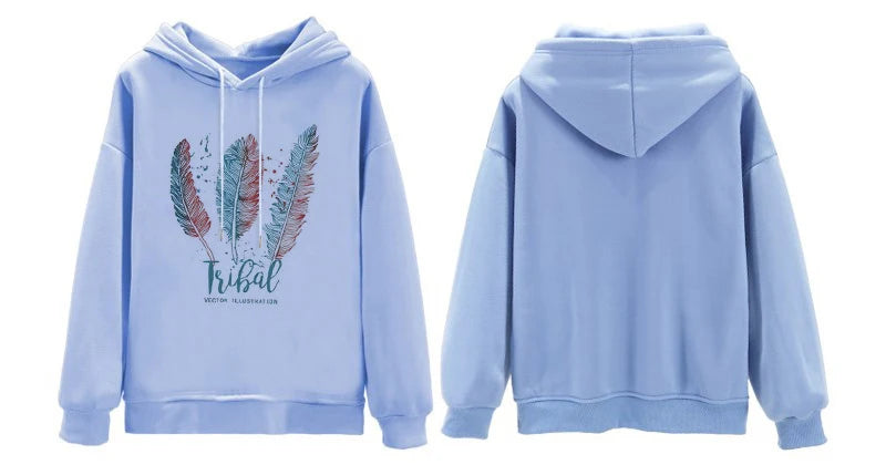 Feather Print Velvet Hoodie for Women