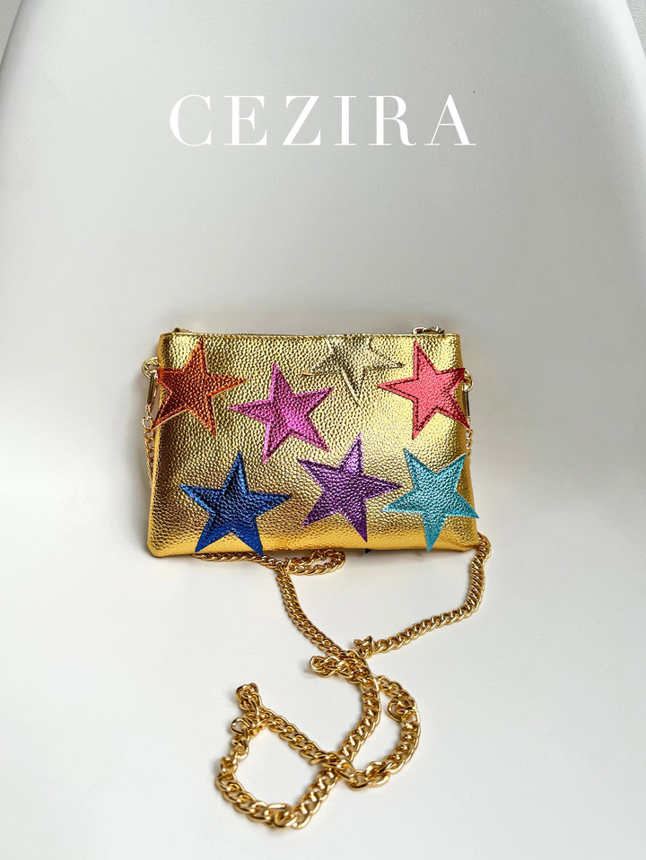 Fashion Women Metallic PU Leather Square Clutch Funky Stars Pattern Colorful Stripes Chain Shoulder Handbag Party Date Prom Gift