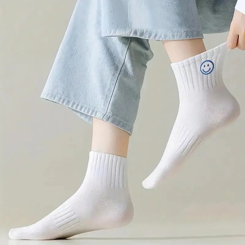 5 Pairs of Whimsical Cartoon Face Print Short Socks - Soft, Breathable, and Comfortable Polyester Knit Fabric