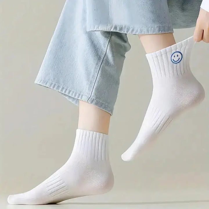 5 Pairs of Whimsical Cartoon Face Print Short Socks - Soft, Breathable, and Comfortable Polyester Knit Fabric