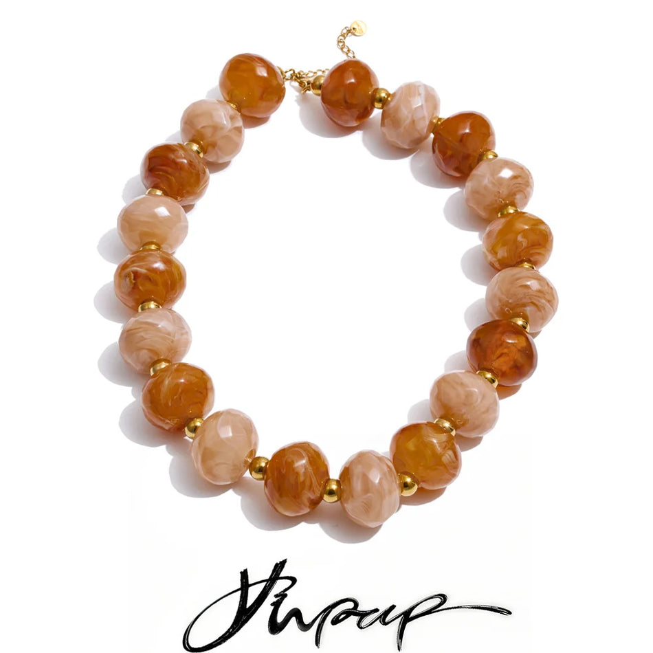 Yhpup Resin Round Beads Handmade Necklace 2025 Women Waterproof Stainless Steel Personalized Autumn Winter Jewelry New Arrival