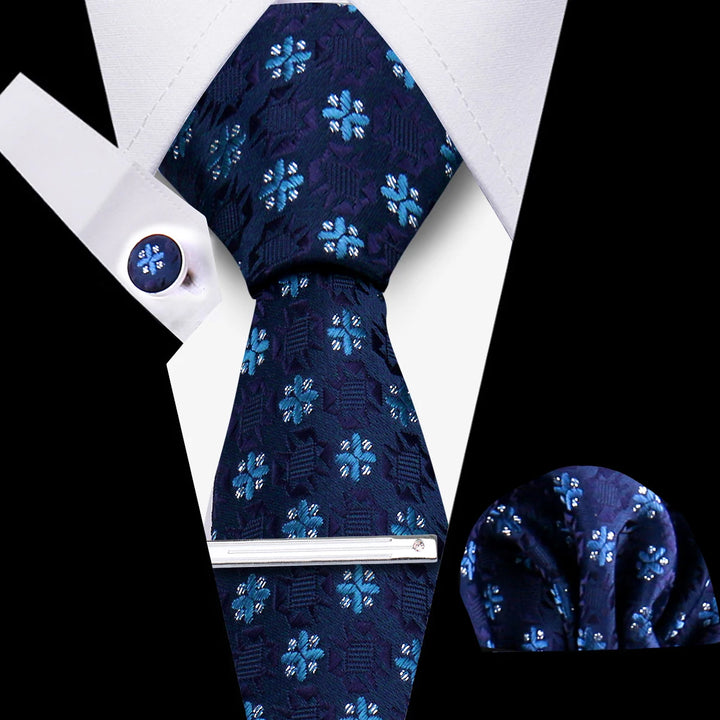 Tie For Men Business Luxury Fashion Necktie Navy Blue 4pcs Set Tie Clip Cufflinks Pocket Square Wedding Suit Accessories Gravata