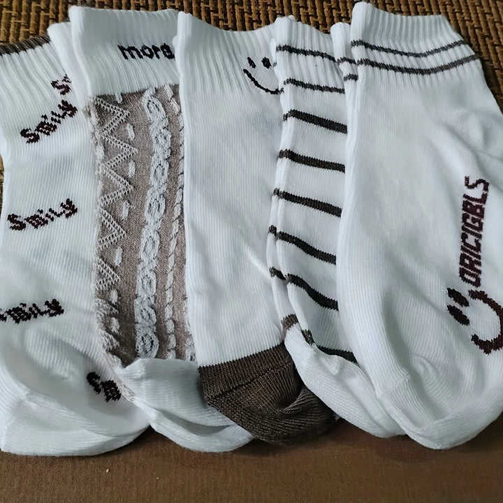 5 Pairs of Vibrant Smiling Face Stripe Patterned Socks - Ultra Soft, Breathable, and Comfortable Mid Calf Sports Socks for Women