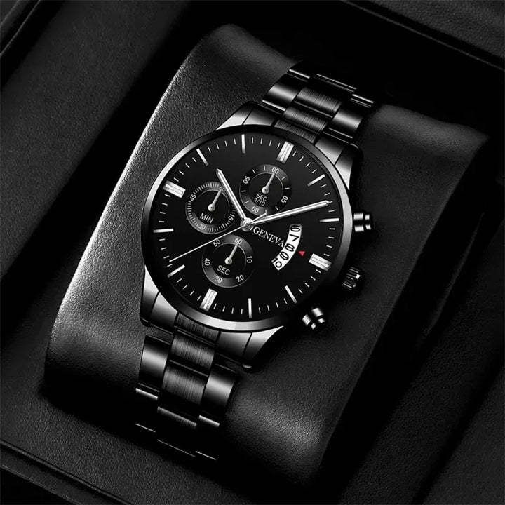 Luxury Men’s Watch – Black Stainless Steel Quartz Calendar Clock