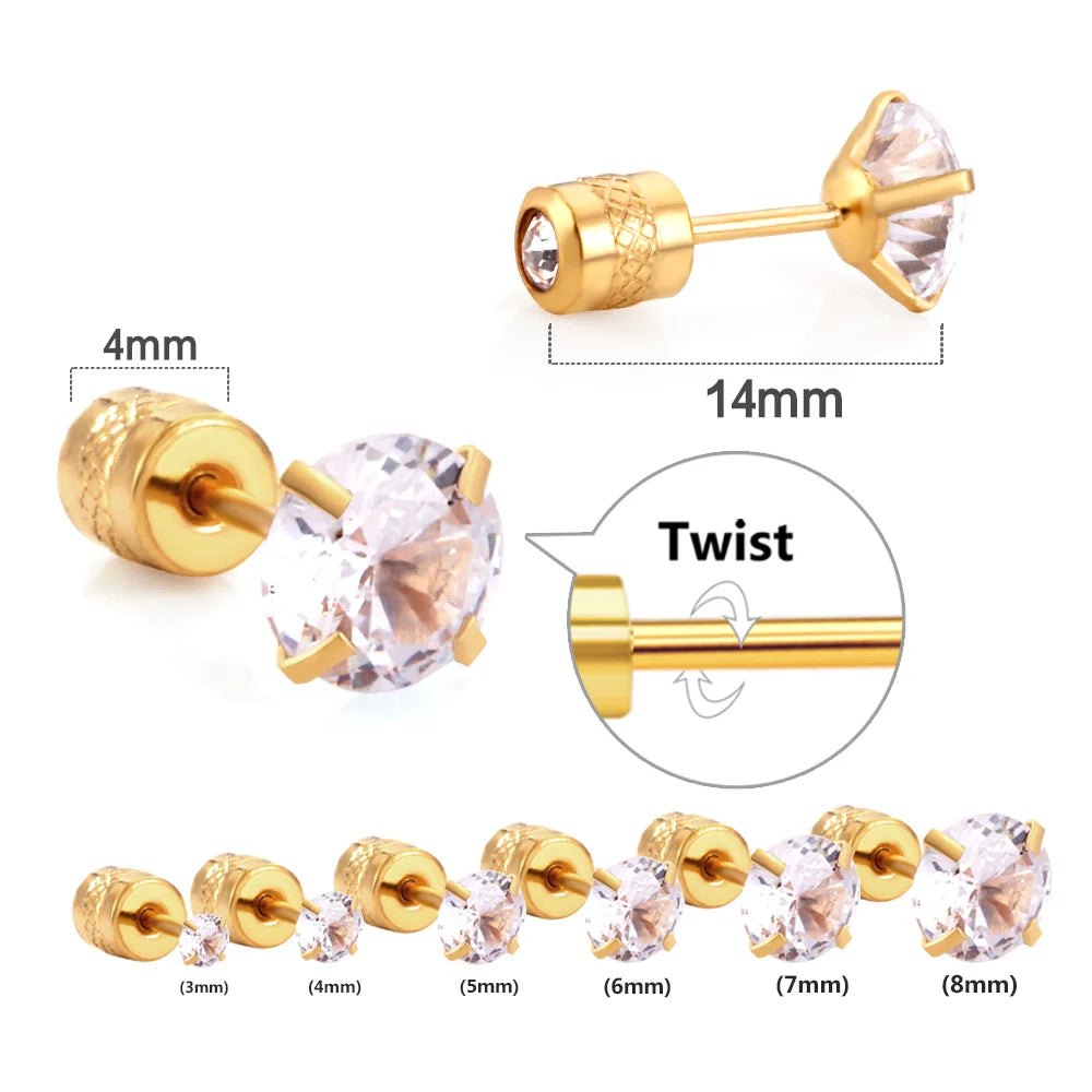 LUXUSTEEL 1 Pairs Shiny Crystal Zircon Stud Earrings For Women Men Round Beads Screw Back Needle CZ Ear Stainless steel 3-8mm