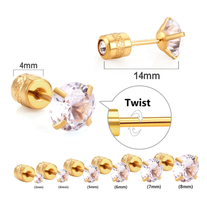 LUXUSTEEL 1 Pairs Shiny Crystal Zircon Stud Earrings For Women Men Round Beads Screw Back Needle CZ Ear Stainless steel 3-8mm