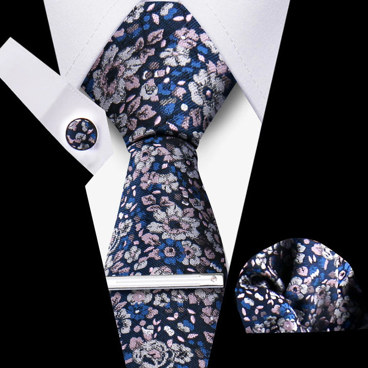 Tie For Men Business Luxury Fashion Necktie Navy Blue 4pcs Set Tie Clip Cufflinks Pocket Square Wedding Suit Accessories Gravata